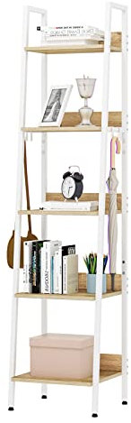 WOLTU Lagerregal mit 5 Ebenen, Küchenregal mit 4 Haken, Bücherregal im Industriestil, Standregal im Wohnzimmer Küche, Regal aus MDF Metall, schmales Leiterregal weiß 40x 170x36 cm RGB9289whe