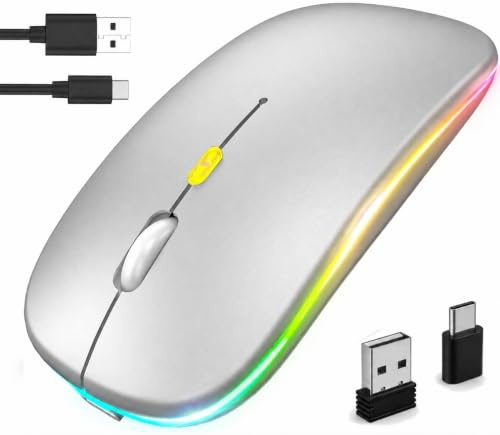 GLOBAL TECH Kabellose Bluetooth Maus, Wiederaufladbare LED Ultradünne Funkmaus mit Dual-Modus 2,4 GHz und Bluetooth, Leise Tragbare Maus Kabellos für Laptop, PC, Computer, Mac, iPad, Tablets (Silber)