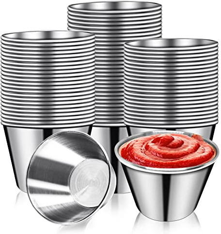 DJZZ 50 Pcs Metal Sauce Cups 2.5oz Ramekins, Stainless Steel Dipping Sauce Cups Metal Condiment Container Reusable Round Butter Dressing Restaurant Small Bowls (50)