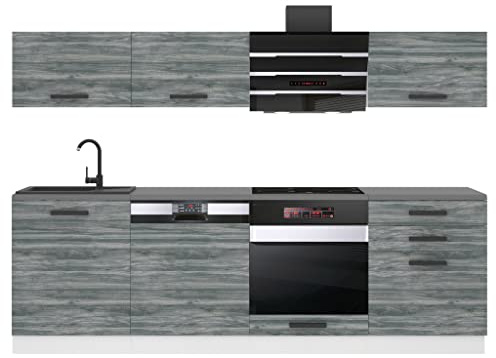 Belini Küchenzeile Küchenblock Linda - Küchenmöbel 240 cm Einbauküche Vollausstattung ohne Elektrogeräten mit Hängeschränke und Unterschränke, ohne Arbeitsplatten, Glamour Wood