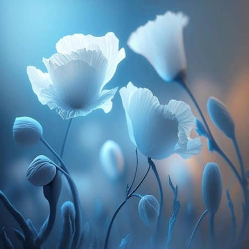 adrium Acryl-Bild 100 x 100 cm: schöne Wiese magisch aus Leuchtend weißen Blumen in blauem licht und Nebel (200366986)