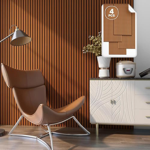 NEU.HOLZ Akustik Wandpaneele Vang 4er Set Wandverkleidung zum Kleben und Schrauben 2,88 m² Holzfurnier 3D Paneele Lamellen in Teakoptik
