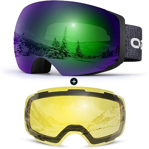 Odoland Unisex-skidglasögon för män och kvinnor, ramlösa snowboardglasögon med magnetiskt utbytbart glas, UV-skydd, anti-imma, snöglasögon, hjälmkompatibla, för skidåkning