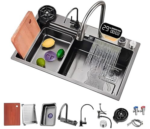 Évier De Cuisine À Cuve Unique, Évier De Cuisine À Affichage De La Température Par LED, Évier À Cascade Raindance, Drainage Par Bouton, Rinçage En Verre, Avec Crépine De Vidange Et Accessoires (S : 6