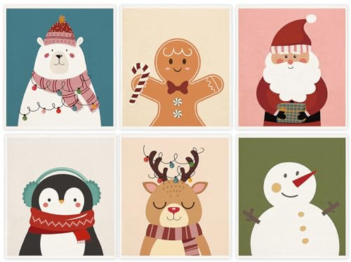 Whaline 6Pcs Christmas Swedish Dishcloths Snowman Santa Reindeer Gingerbread Man Kitchen Dish Towels Reusable Washable Cotton Kitchen Towels for Xmas Cooking Wiping, 6.7 x 7.7 Inch