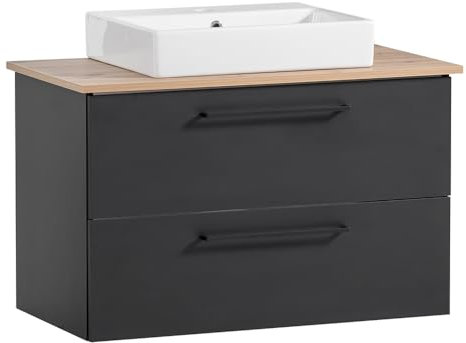 Lomadox Waschtisch Badezimmer Unterschrank Waschtischunterschrank 2 Auszüge schwarz matt, Eiche Keramik Aufsatzwaschbecken 86x63,4x45 cm
