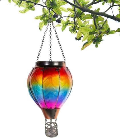 EHOTER Hot Air Balloon Solar Lantern with Flickering Flame Light Flame Effect Garden Ornaments Flickering Flame Led Lights Outdoor Solar Light for Garden Porch Yard (A)
