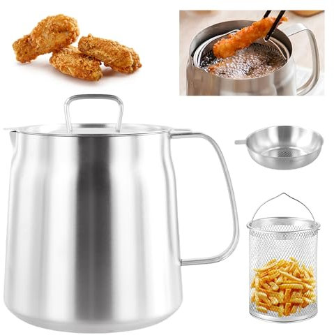 Focenat 2L Contenitore per Grasso in Acciaio Inox 304, Separatore di Olio con Filtro fine e Coperchio, Barattolo Contenitore Colino Olio, Stainless Steel Oil Filter Pot, per filtrare Conservare Olio