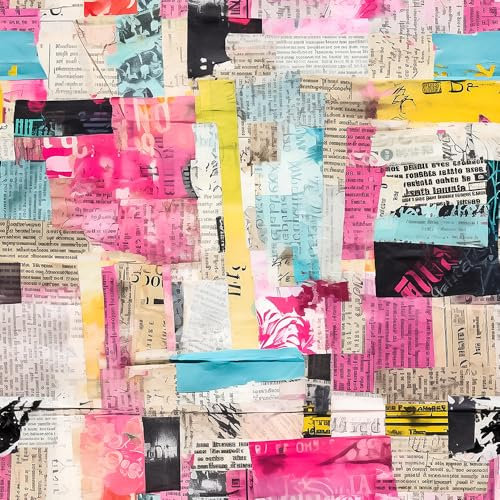 REDAMANCY Colorful Pink Yellow Blue Newspaper Modern Art Peel and Stick Wallpaper Stick on Contact Paper Vintage Wall Paper Easy Peel Off for nightstand Drawer Cabinet Renter
