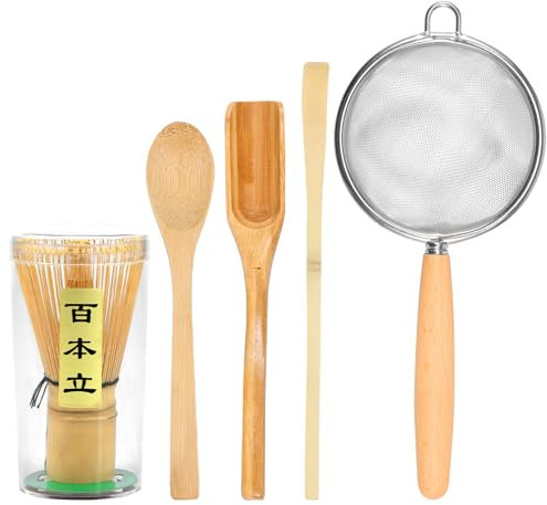 6Pcs Matcha Whisk Set, Japanese Matcha Making Set with Bamboo Matcha Whisk, Traditional Tea Scoop, Spatula, Digging Spoon,Stainless Steel Tea Strainer, Clear Matcha Whisk Storage Holder for Tea Lover
