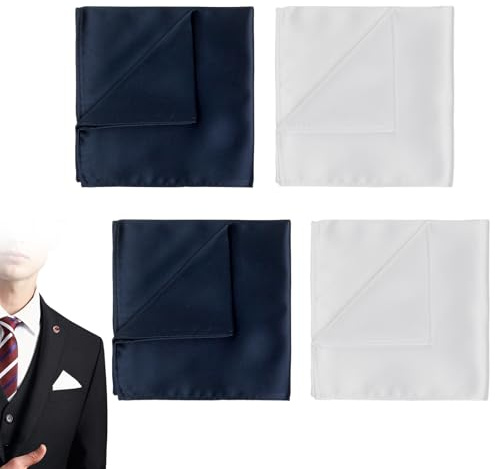 UILYNIU 4 Piezas Pañuelos para Hombres Bolsillos Pañuelo de Bolsillo, Pañuelos Hombre, Pañuelo Traje, Cuadrado de Sedoso y Brillante, Handkerchiefs para Ocasiones Especiales (Blanco, Azul Marino)