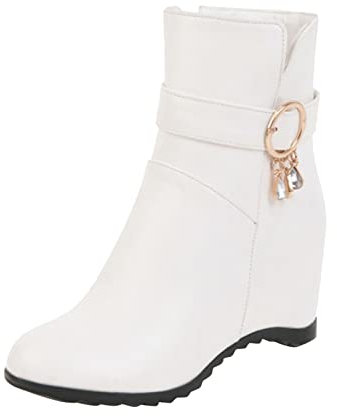 Sexy 42 Rhinestone hebilla de cinturón decorativa tacón cuña cremallera lateral botas ropa de caza damas, Blanco, 39 EU