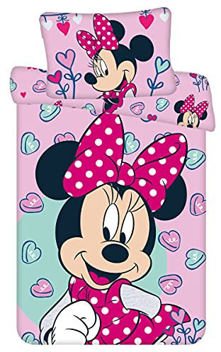 Disney Minnie Maus Pink Baby Bettwäsche Set 100x135 Bettdecke + 40x60 cm Kopfkissen, 100% Baumwolle mit Reißverschluss