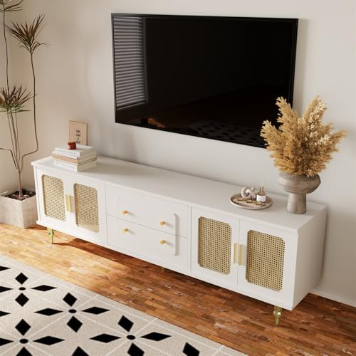 Generisch TV Lowboard, TV-Möbel im Retro-Stil: goldene Griffe, viel Stauraum. Mit Glastür und Beinen aus Massivholz,Weiß