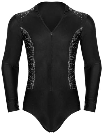 Freebily Men's Shiny Rhinestones Latin Dance Shirt Long Sleeve Dance Bodysuit Ballroom Leotard Black M