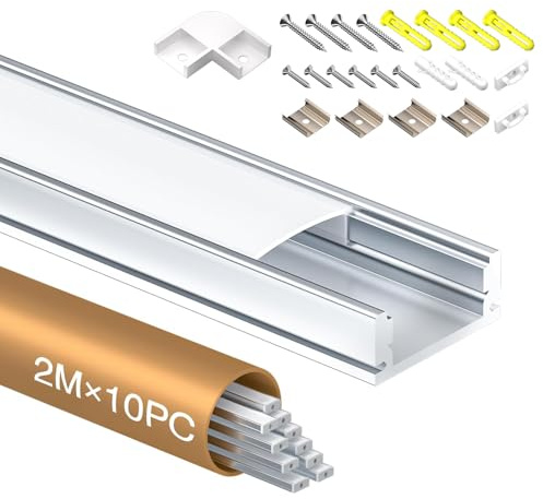 Shine Plus LED Profil U-Form 2m × 10 Stück, Schiene aus eloxiertem Aluminium, kanal für Streifen bis 12mm, diffusor für gleichmäßige Lichtverteilung (10×2 Meter)