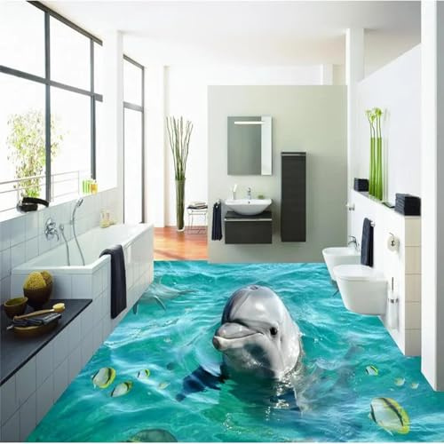 YIBUHANG Selbstklebende Bodenfliesen für den Innenbereich 3D Wandbilder dreidimensionale Delfine Ozean Wohnzimmer Badezimmer Wandkunst Tapeten Dekorationsaufkleber