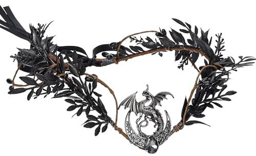 PartyforU Couronne de fleurs gothique pour femme de la Renaissance - Bandeau floral elfe noir avec dragon et lune pour adulte