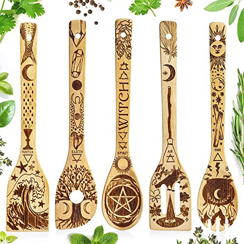 5PCS Engraved Bamboo Wooden Spoon Set - Handcrafted Kitchen Utensils for Cooking, Baking & Serving, Unique Gift for Home Chefs, Mothers & Weddings, Eco-Friendly & Non-Scratch