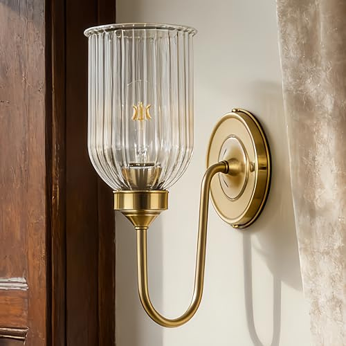 12 Gooseneck Brass Sconce with Clear Fluted Glass, Modern Vintage Wall Mounted Lamp Beside Mirror, Wet-Rated Wall Light for Bathroom, Stairs, Kitchen, Hallway, Fireplace (Metal with Brass Finish)