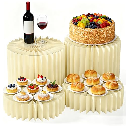 aleawol 4 Pack Foldable Cardboard Cake Stands, Buffet Risers with PS Plates, 10cm & 20cm Height Paper Dessert Table Display Set, Cylinder Pedestal Stands for Party Wedding Birthday Decor