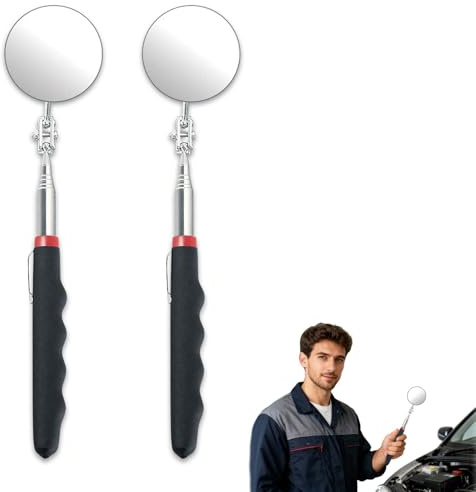 2 Pezzi Specchietto Telescopico Rotante 360°, Manico Estensibile 24,5-72 cm, Specchio Ispezione Diametro 5,2 cm per Auto, Officina, Casa