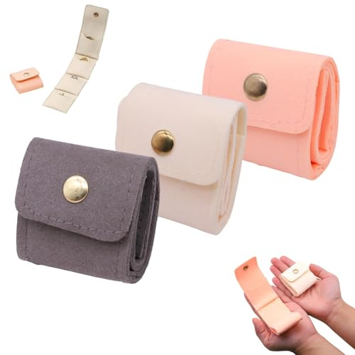 JTENGYAO 3 Pcs Mini Travel Jewellery Bags Pouches, Portable Foldable Jewellery Roll Bags with Buckle, Small Travel Jewellery Organizer Case for Rings, Earrings, Necklaces (Beige, Pink, Grey)