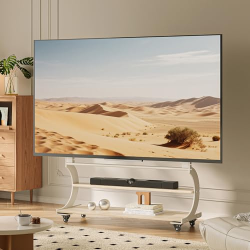 CNTSLNB TV Ständer rollbar für 50-100 Zoll Fernseher bis zu 100kg Weiß | Easel Design, Höhenverstellbar und Schwenkbar, Stabilität TV Staffelei mit 2-Stufigen Holzablage, Max VESA 900x600mm