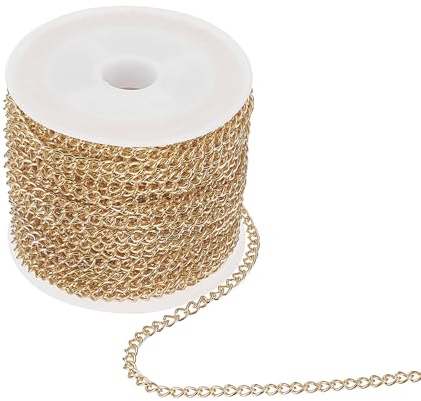 QUARKZMAN 10 m kedja i rostfritt stål, smyckeskedja 3 x 4 mm, korsade tvinnade kabelkedjor för gör-det-själv halsband, armband, berlocker, hantverk, dekoration, ljusguld
