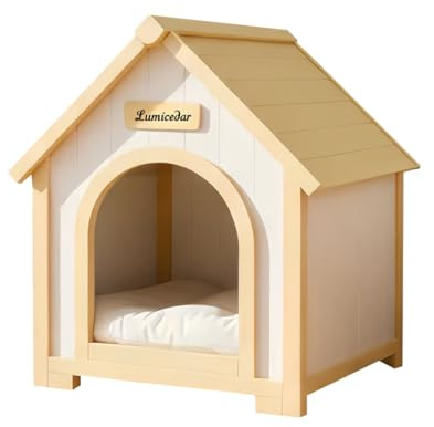 FSC Certified Solid Cedar Wood Pet House - Cream Yellow Cabin Style Indoor Shelter for Small Dogs & Cats, Wooden Cat & Dog Condo with Elevated Roof, 23.6 L x 21.7 W x 27.6 H