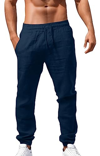 Pantaloni Lino Uomo Estivi Casual Leggeri Larghi Sportivi Pantalon Elastico in Vita Comodi da Spiaggia con Tasche Pantaloncini Loose Fit Pants Comodo Morbide Pantaloncino