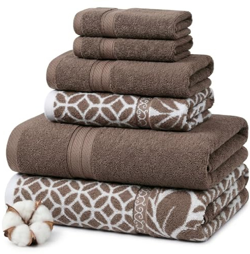 Modern Threads Trefoil Filigranes 6-teiliges wendbares garngefärbtes Jacquard-Handtuch-Set – Badetücher, Handtücher und Waschlappen – super saugfähig und schnell trocknend – 100% gekämmte Baumwolle