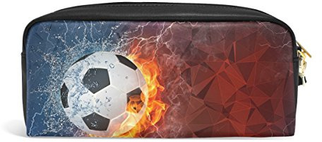 Domoko Soccer Ball on Fire and Water with Lightening PU Leather Pen Pencil Case Pouch Case Makeup Cosmetic Travel School Bag