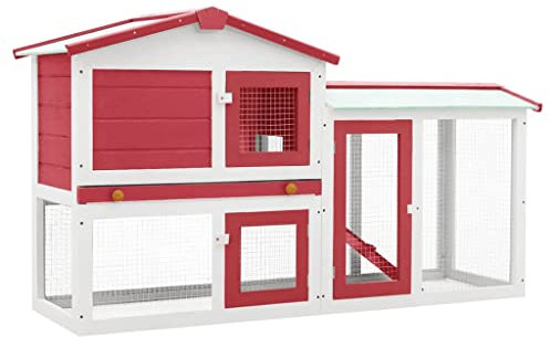 vidaXL Holz Großer Kaninchenstall Hasenstall Kaninchenkäfig Hasenkäfig Kleintierstall Hasenvilla Meerschweinchen Rot Weiß 145x45x84cm