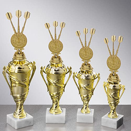 Henecka 🎯 Dartsport Pokal wählbar in 4 Größen, Dartpfeile-Trophäe, Dart Pokal Gold auf schwerem Marmorsockel, mit Wunschgravur (Figurencup Darts 349mm Marmor 65x30mm weiß)
