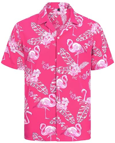 J.VER Hawaii Hemd Männer Hawaii Flamingo Blumenhemd Kurzarmhemd Leichtes Sommerhemd strandhemd bügelfrei button down Shirt Rosa Flamingo L