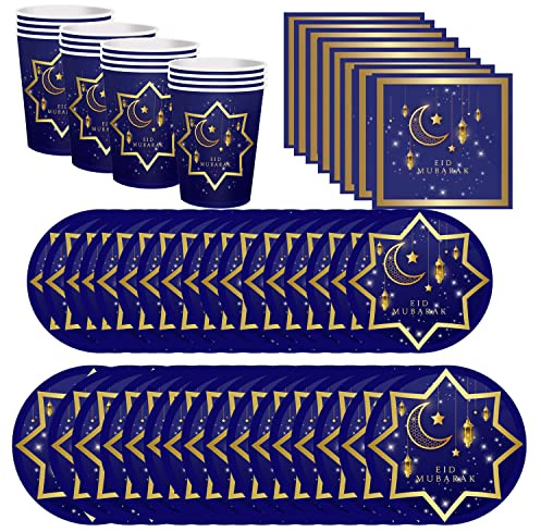 BlinBlin Ramadan Eid Mubarak Vaisselle de Fête, Assiettes de Vaisselle à Thème du Festival du Ramadan, Tasses, Serviettes de Table, Fournitures de fête pour 16 Invités