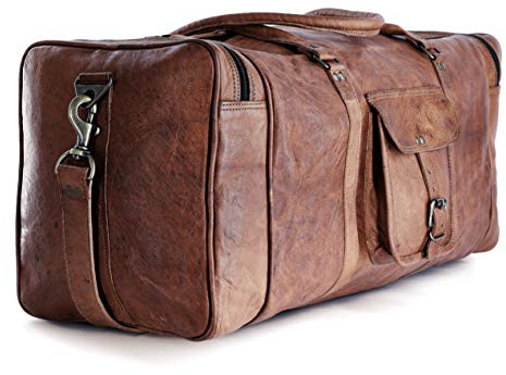 Leather Duffle Bags Large 24 Inch Square Duffel Travel Gym Sports Overnight Weekender Leather Bag for Men and Women by KPL