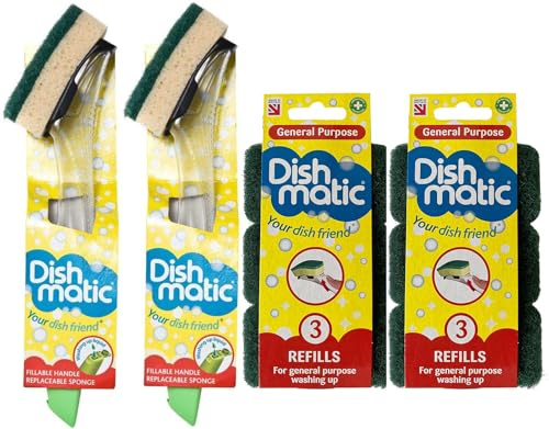 2X Fillable Washing up Brush and Sponge - Easy Grip Dish Cleaner - with 6X General Purpose Brush Sponge Refills