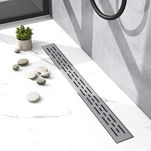 Biubiubath Duschrinne 140cm, Edelstahl Ablaufrinne Flach, Siphon mit Geruchsstop, Haarsieb Duschablauf, Bodenablauf für Badezimmer, Komplettset mit Bodenbefestigung - Striche