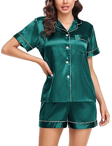 Lovasy Silkespyjamas för kvinnor, klassisk satinpyjamas med knäppning, tvådelad pyjamas för kvinnor, set, nattkläder, myskläder, Mörkgrön, M