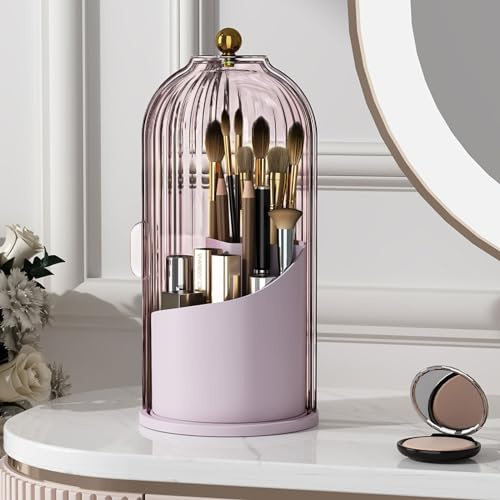 YOOLENS Make-up-Pinselhalter mit Deckel, um 360 Grad drehbar, transparent, staubdicht, Make-up-Pinsel-Organizer für Schminktisch, Schreibtisch, Badezimmer, Arbeitsplatte, Rosa