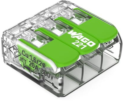 WAGO Green Range 221-423 - Morsetto a 3 conduttori, fino a 4 mm², morsetti di collegamento a 3 poli con leva, per tutti i tipi di conduttori, 12 pezzi