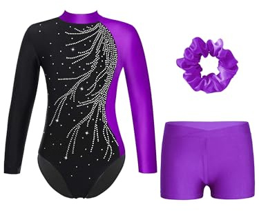 iiniim Mädchen Turnanzug Glitzer Gymnastikanzug mit Shorts Haarband Trikotanzug Langarm Gymnastik Leotard Wettbewerb Tanzkostüm Lila 158-164