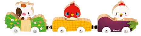 Janod - Magnetische Bauernhoftiere - Baby- und Kleinkindspielzeug - 3 Fahrzeuge + 3 Tiere aus Holz - Fördert die Handgeschicklichkeit - Spiel aus FSC-Holz - Ab 18 Monaten, J03316