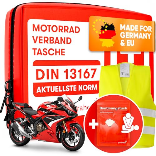 PURAHELP Motorrad Verbandskasten nach aktueller Norm 2025 DIN 13167 (StVO konform) - Inkl. Warnweste & Beatmungstuch - Motorrad Erste Hilfe Set 2025 Mini Klein