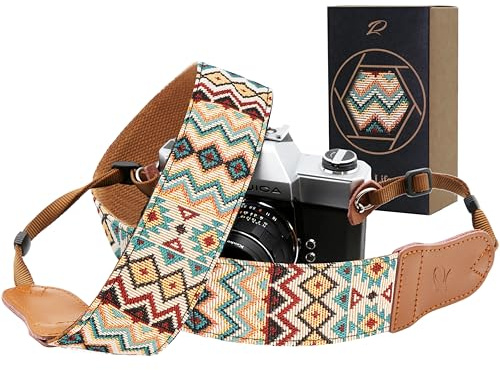 Padwa Lifestyle Kameragurt - 2“ Rindsleder Kopf Kameragurt für Fotografen, Vintage Jacquard Stickerei gewebt Baumwolle verstellbare Schulter Nackenriemen für Kameras, Ferngläser - ApricotE thnostil