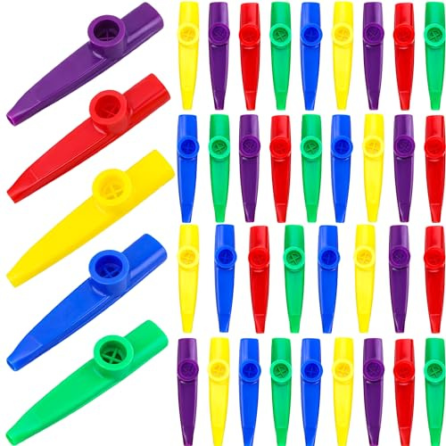 Swakuta 40 piezas de instrumentos musicales de plástico Kazoos coloridos a granel con diafragmas de flauta de Kazoo para recuerdos de fiesta, regalo de cumpleaños, premio, aniversario, 5 colores