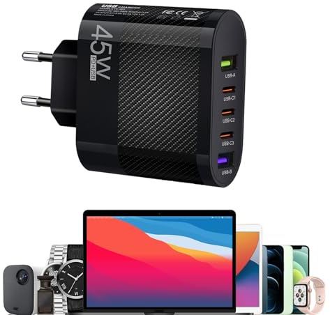 Generic Bloque de Cargador USB con múltiples Puertos, estación de Carga USB múltiple,Adaptador de Carga de 5 Puertos | Puerto USB-B de 45 W, Bloque de Cargador USB-A y Tipo C y estación de Pared,