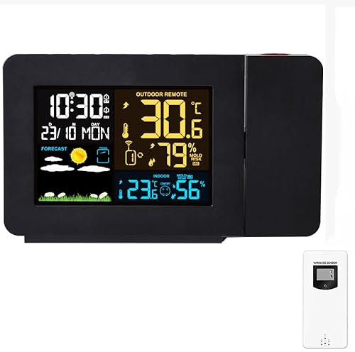 BAIZHONGJIE Projection Alarm Clock with Outdoor Sensor,Weather Station,Bedroom Projector Dual Alarms LCD Display Date Time Temperature Humidity